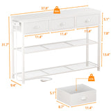 Furologee White Console Table with Charging Station & 3 Fabric Drawers, 38'' Entryway Table with Storage Shelves and LED Light, Industrial Foyer Table for Entry Way, Display Shelf for Hallway Furologee