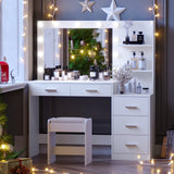 Rovaurx 46.7" Makeup Vanity Table with Lighted Mirror, Large Vanity Desk with Storage Shelf & 5 Drawers, Bedroom Dressing Table, 11 LED Lights, White RSZT106W Rovaurx
