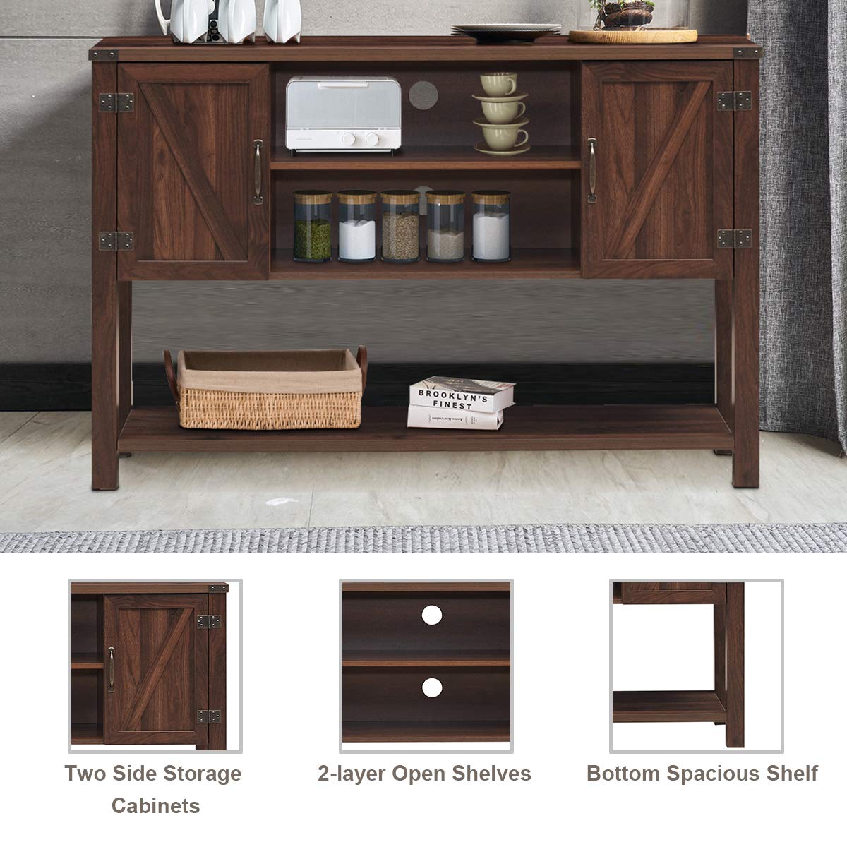 Tangkula Console Table Buffet Table, Modern Sideboard with Storage Cabinets and Bottom Shelf, Contemporary Tall Buffet Storage Cabinet, Kitchen Dining Room Furniture (Brown) - WoodArtSupply