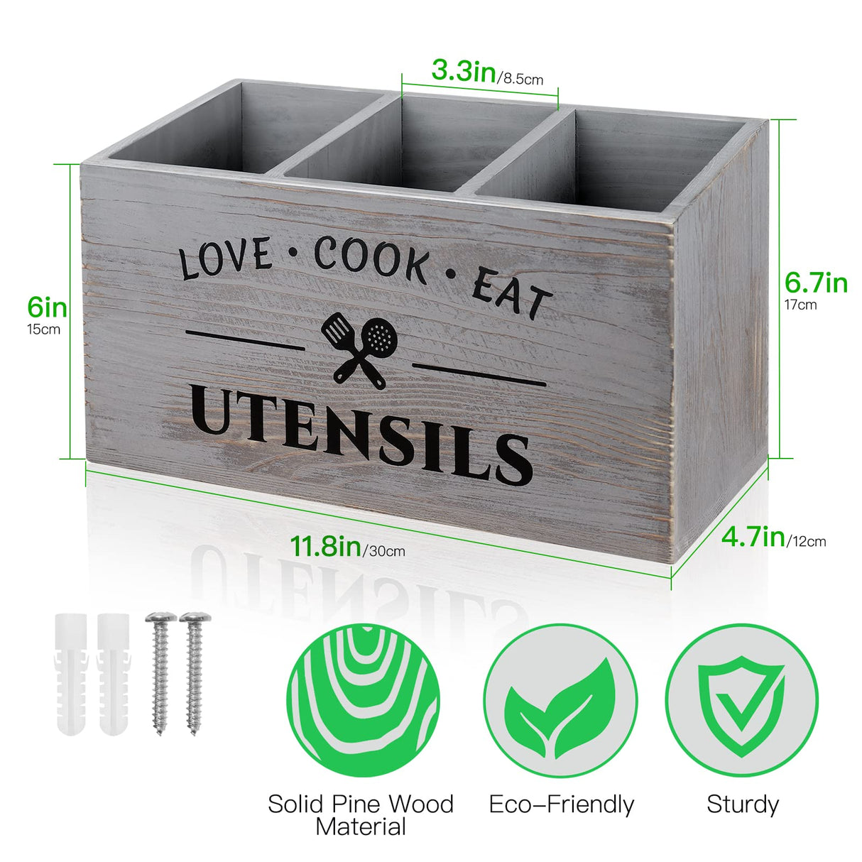 MINCORD Utensil Holder with 3 Compartments, Rustic Utensil Caddy Wood Utensil Crocks for Kitchen Counter, Farmhouse Flatware Utensil Organizer Storage Box for Silverware Fork Spoon Spatula MINCORD