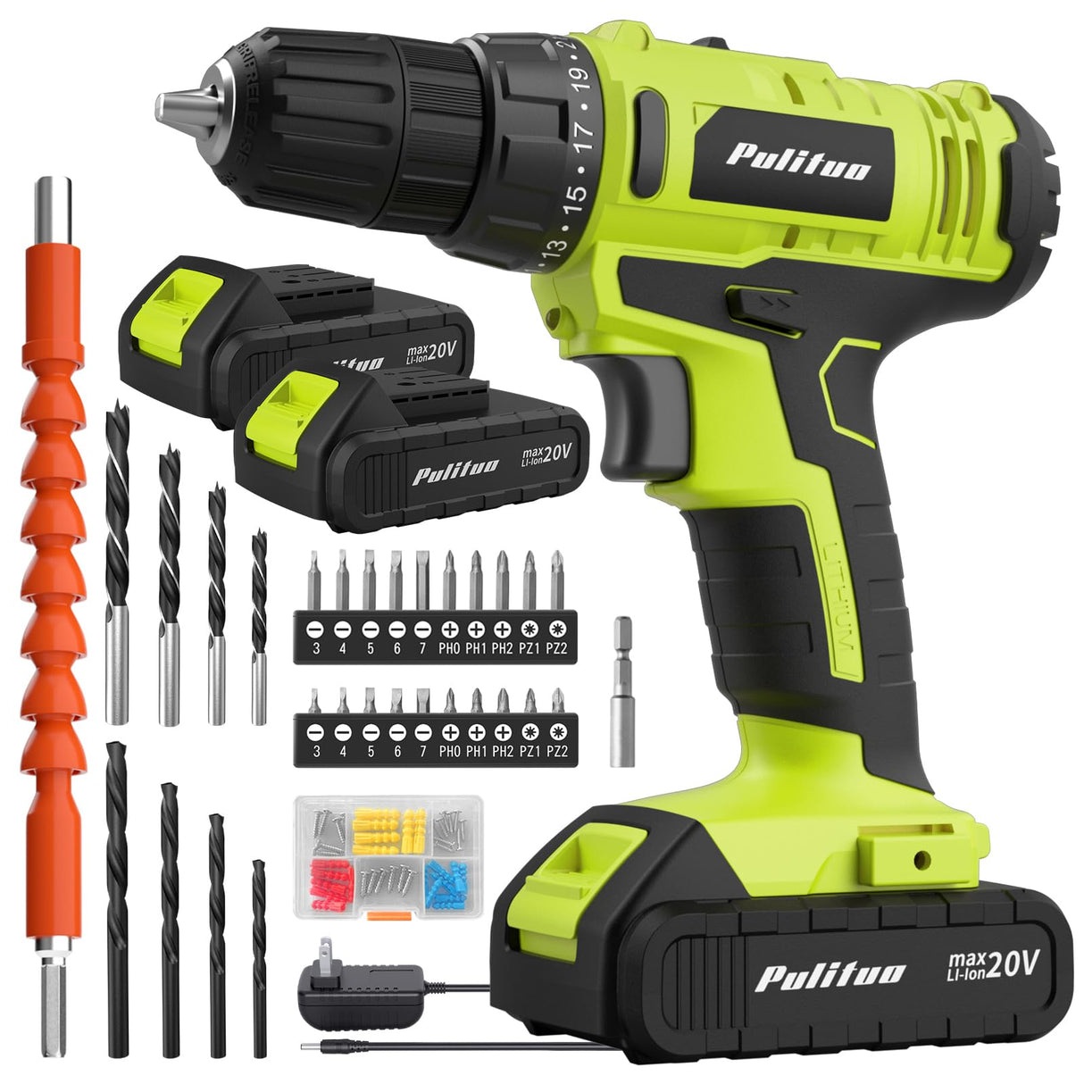 PULITUO'S 20V Cordless Drill/Driver, Electric Screwdriver - 2 Batteries, 30Nm, 21+1 Torque, 2 Speed, Keyless 3/8" Chase Drill with LED Light, Kit for Home (Green) PULITUO