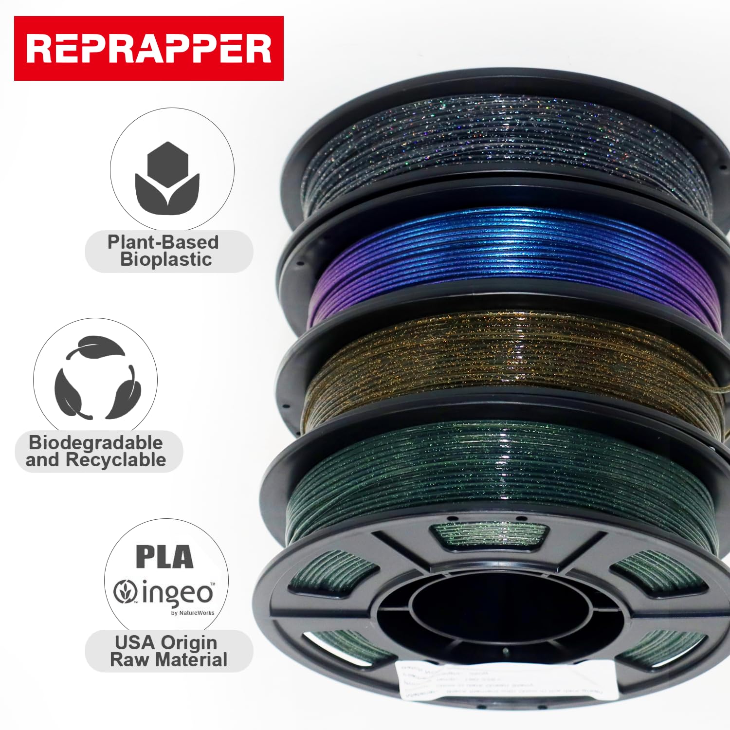 RepRapper PLA Filament, Multicolor Glitter 250g*4 Sample Pack, Shiny Galaxy PLA1.75MM for 3D Printer, Glow in The Dark Sparkle Laser Series 3D Printer Filament, 250g*4 Pack - WoodArtSupply