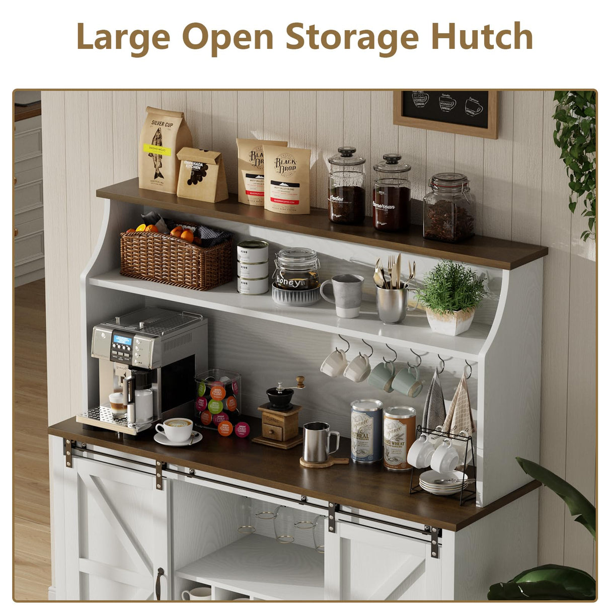 55" Farmhouse Coffee Bar with 3-Tier Storage, Kitchen Hutch Storage Cabinet with 6 Hooks, Wine Bar Cabinet with 12 Wine Racks & 3 Glass Holders, Hutch Cabinet with Storage for Dining Room, White REVOMINCA