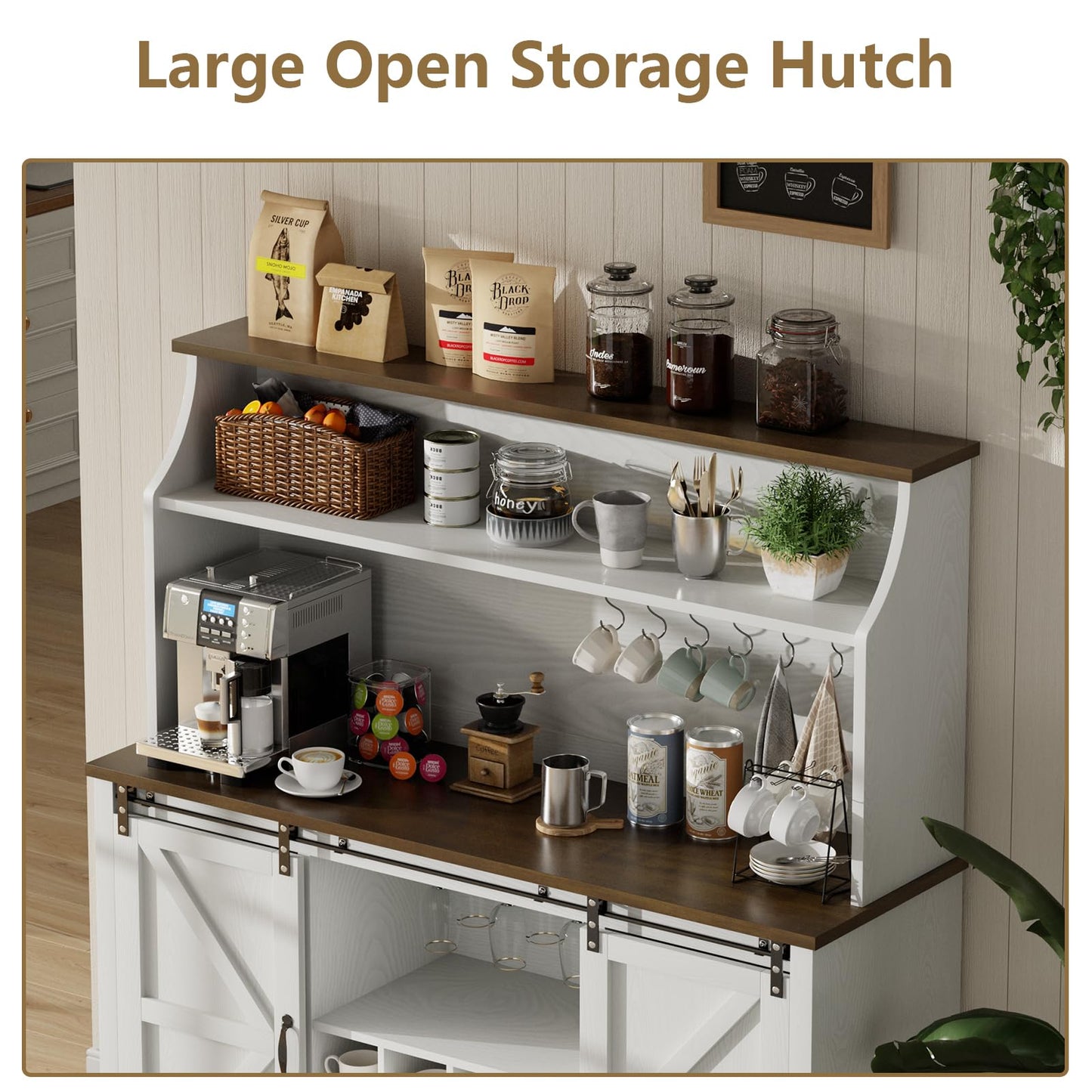 55" Farmhouse Coffee Bar with 3-Tier Storage, Kitchen Hutch Storage Cabinet with 6 Hooks, Wine Bar Cabinet with 12 Wine Racks & 3 Glass Holders, Hutch Cabinet with Storage for Dining Room, White