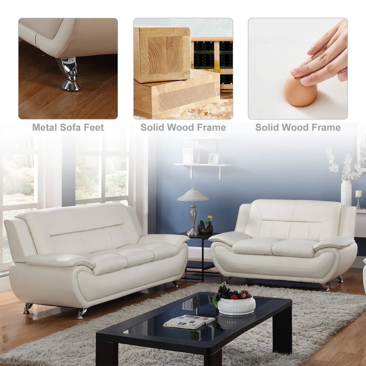 Faux Leather Sofa Couch Set, Living Room Sofa and Loveseat Set, Leather Couch and Loveseat Set for Living Room Office Home (2 Piece Leather Living Room Set, Cream White)