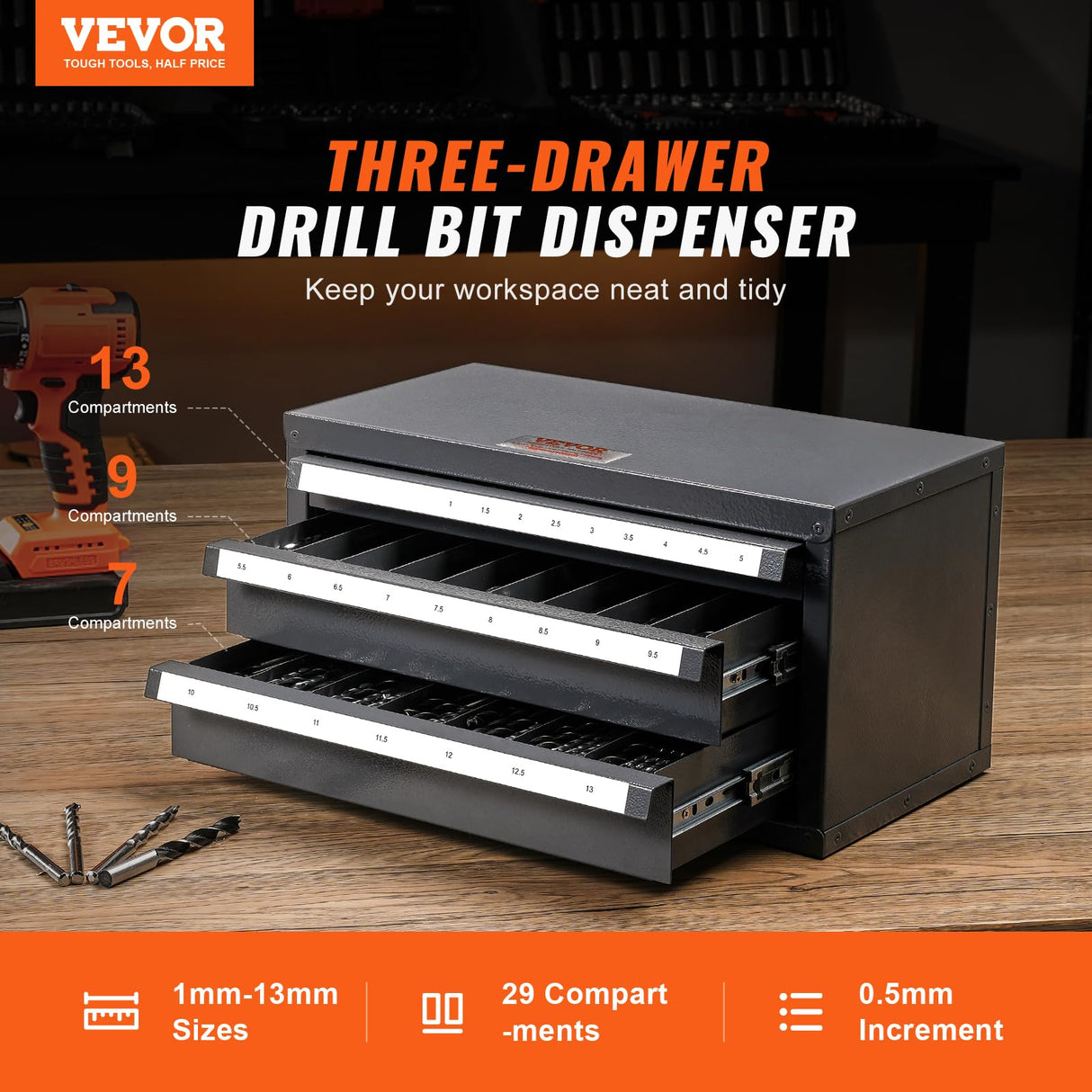 VEVOR Drill Bit Organizer - Three-Drawer Steel Cabinet for 1mm to 13mm, Labels, Stackable VEVOR