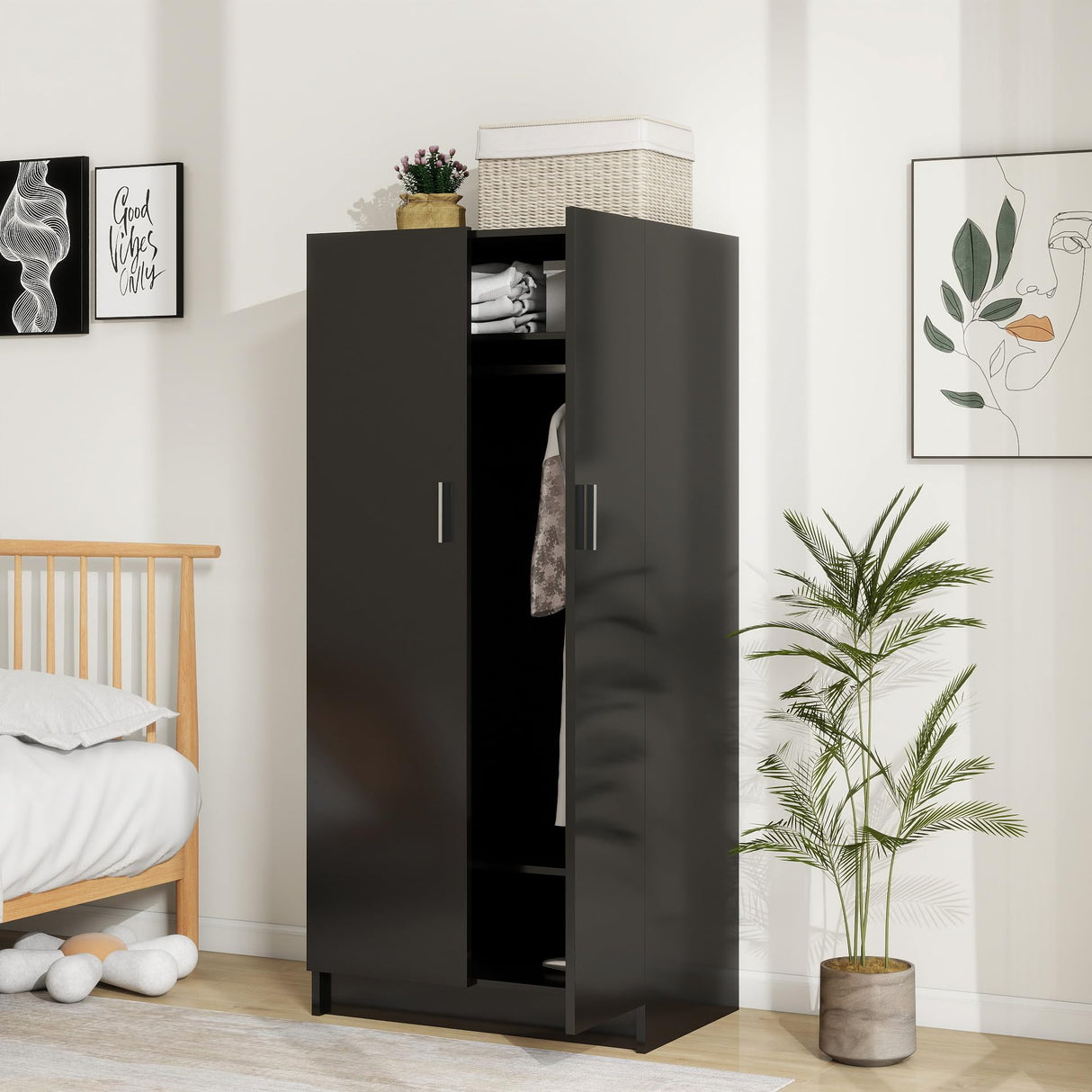 Panana 2 Door Wood Wardrobe Cabinet Closet with Hanging Rail and 2 Shelves, Bedroom Armoire for Storage (Black) Panana