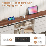 VIAGDO Wooden Bed Frame Queen Size with Bookcase Headboard and Sliding Barn Door, Farmhouse Queen Bed Frame with Charging Station, LED Lights and 4 Storage Drawers, No Box Spring Needed, White VIAGDO