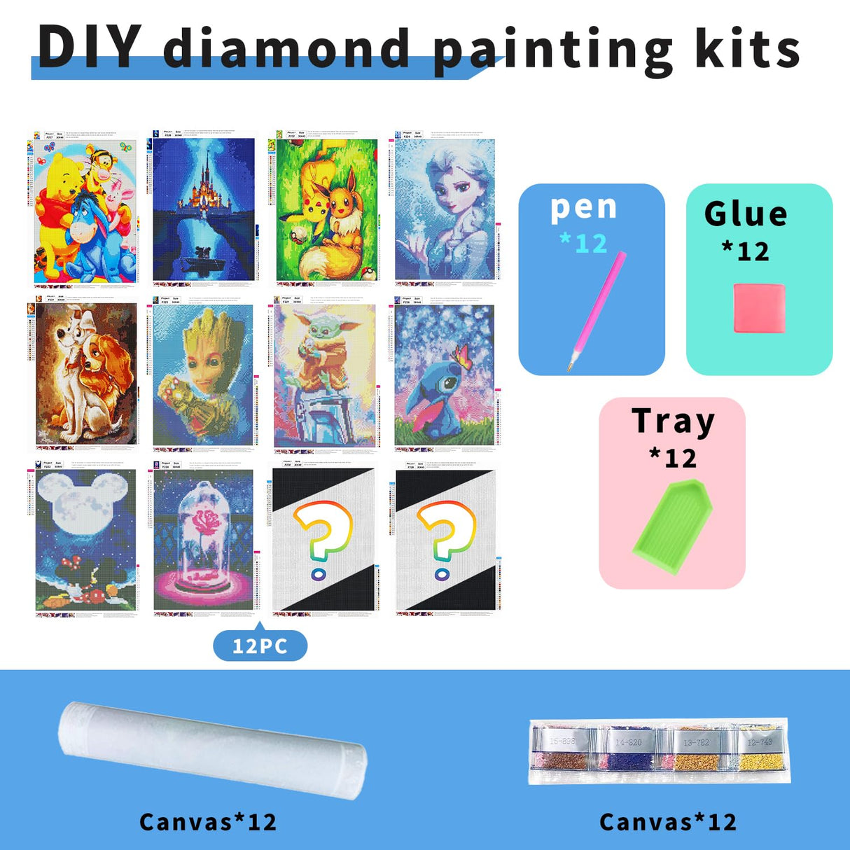 FFPTBNYX 12Pack Diamond Painting Kits for Adults,5D Cartoon Series Diamond Art Kit for Beginners, DIY Paint with Diamonds Round Full Drill Paintings Gem Art for Home Wall Decor 12x16 Inch FFPTBNYX