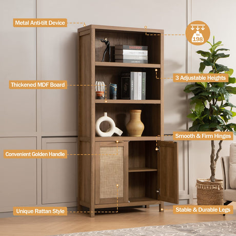 SICOTAS 5-Tier Boho Rattan Bookcase with Doors - Farmhouse Large Bookshelf in Reclaimed Caramel Oak SICOTAS