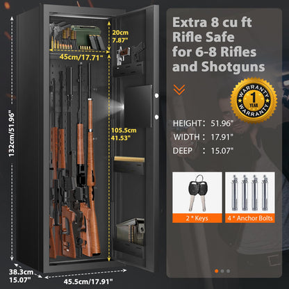 Nebakne [𝟐𝟎𝟐4𝐍𝐄𝐖] 51" 8 Fireproof Rifle Safe for Home USE, 70Lb Gun Safes for Home Rifles and Pistols, Anti-Theft Gun Safes for Rifles and Shotguns with 2 Adjustable Rifle Rack & Silent Mode