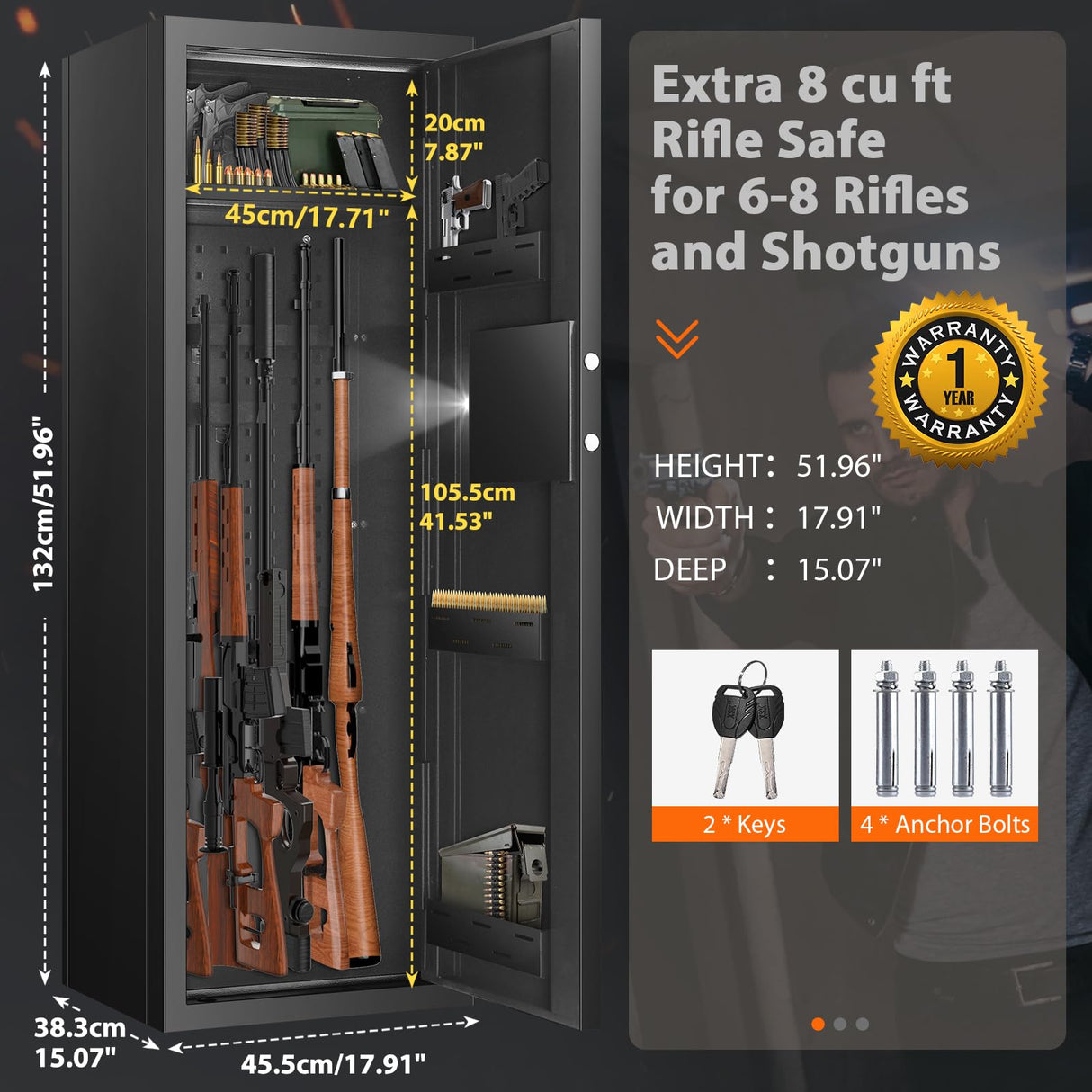 2025 NEW 51" 8 Gun Safe Rifle, 70Lb Gun Safes for Home Rifle and Pistols with 2 Adjustable Rifle, Shelf & Silent Mode, Quick Access Gun Cabinets for Rifles and Shotguns with/without Scope Nebakne