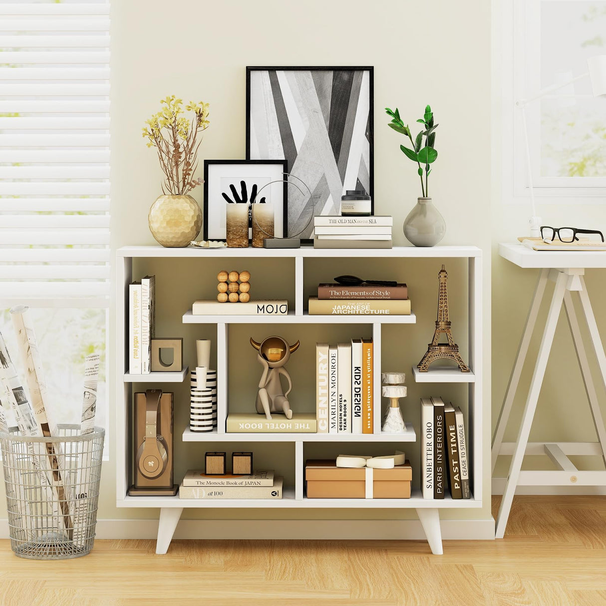 Tangkula Geometric Bookshelf, 3 Tier Modern Freestanding Open Bookcase with Anti-Tipping Devices & Legs, Home Office Decorative Storage Organizer Display Shelf for Living Room Study (White) Tangkula