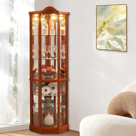 Curio Cabinet,Curio Cabinets with Glass Doors,Corner Curio Cabinet,Glass Display Cabinet with LED Lights,Adjustable Shelves,3-Side Glass Curio Cabinet,Glass Display Cabinet with 6 Shelves(Oak) XUWANSHANG