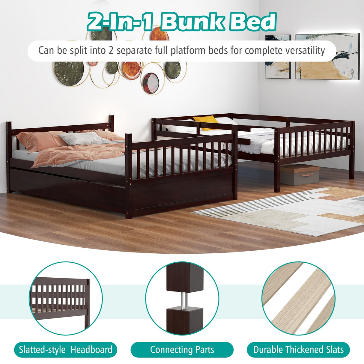 MAT EXPERT Bunk Bed with Trundle, Pine Wood Full Over Full Bunk Beds Frame with Full-Length Guardrails & Ladder, Detachable Bunk Beds Twin Over Full Size for Adults, Teens, Kids (Espresso) MAT EXPERT