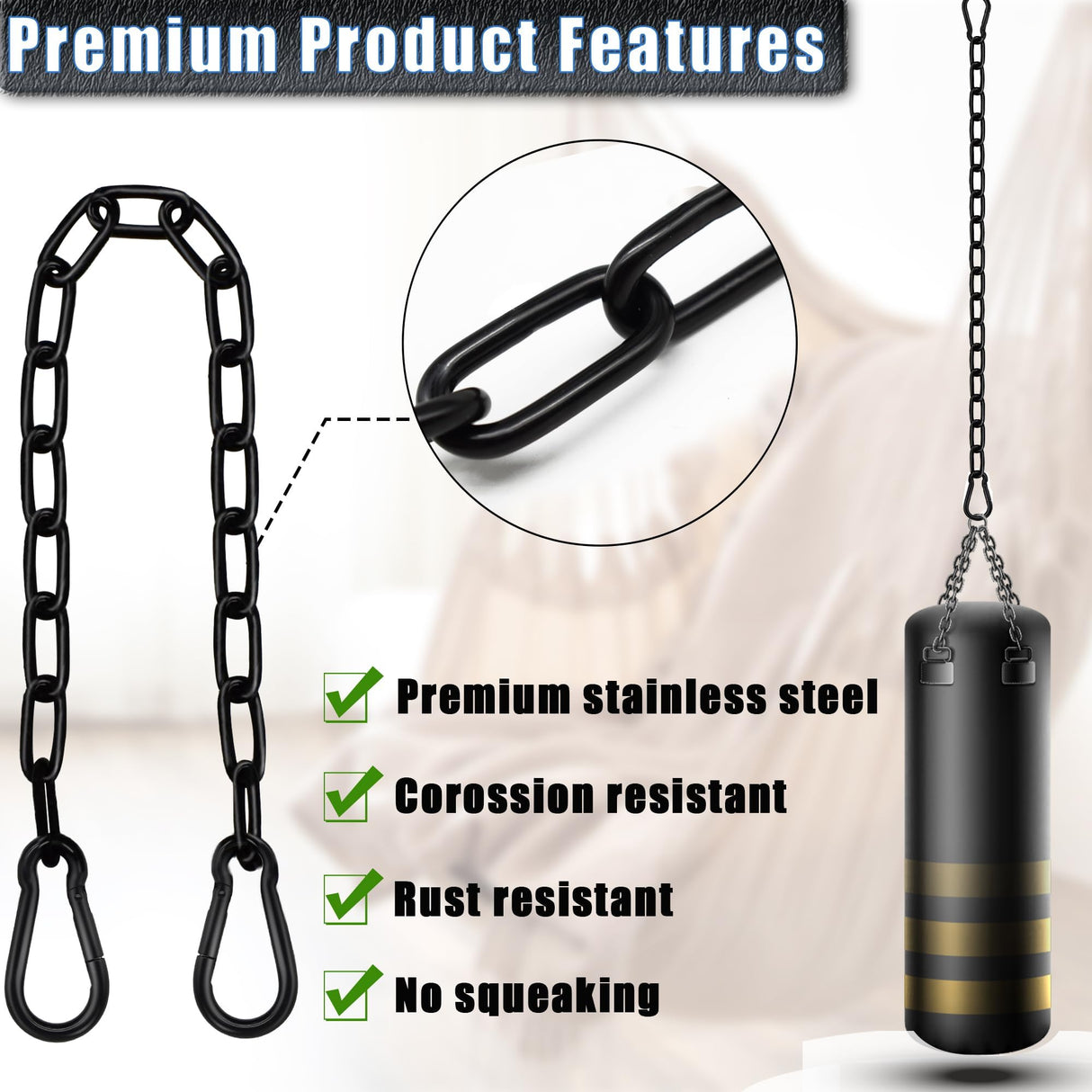 2 Pack Hanging Swing Chain with 4 Carabiners 25.6in, 660LB Capacity Heavy Duty Hammock Hardware Kit for Punching Bags, Swing Chairs, Indoor & Outdoor Gym (Black) Gelury