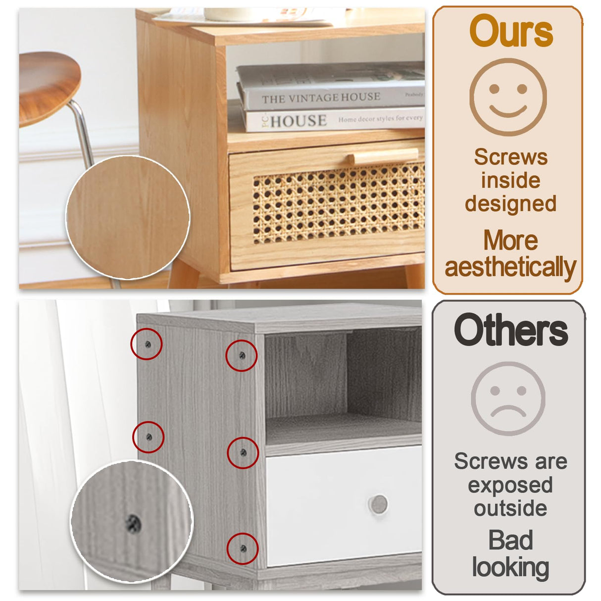 MaxSmeo Bedside Table, Small Nightstand with Charging Station, Rattan Side Table Small Wood End Table for Living Room, Bedroom and Small Spaces, Mid Century Modern Nightstand, Easy Assembly (Natural) MaxSmeo