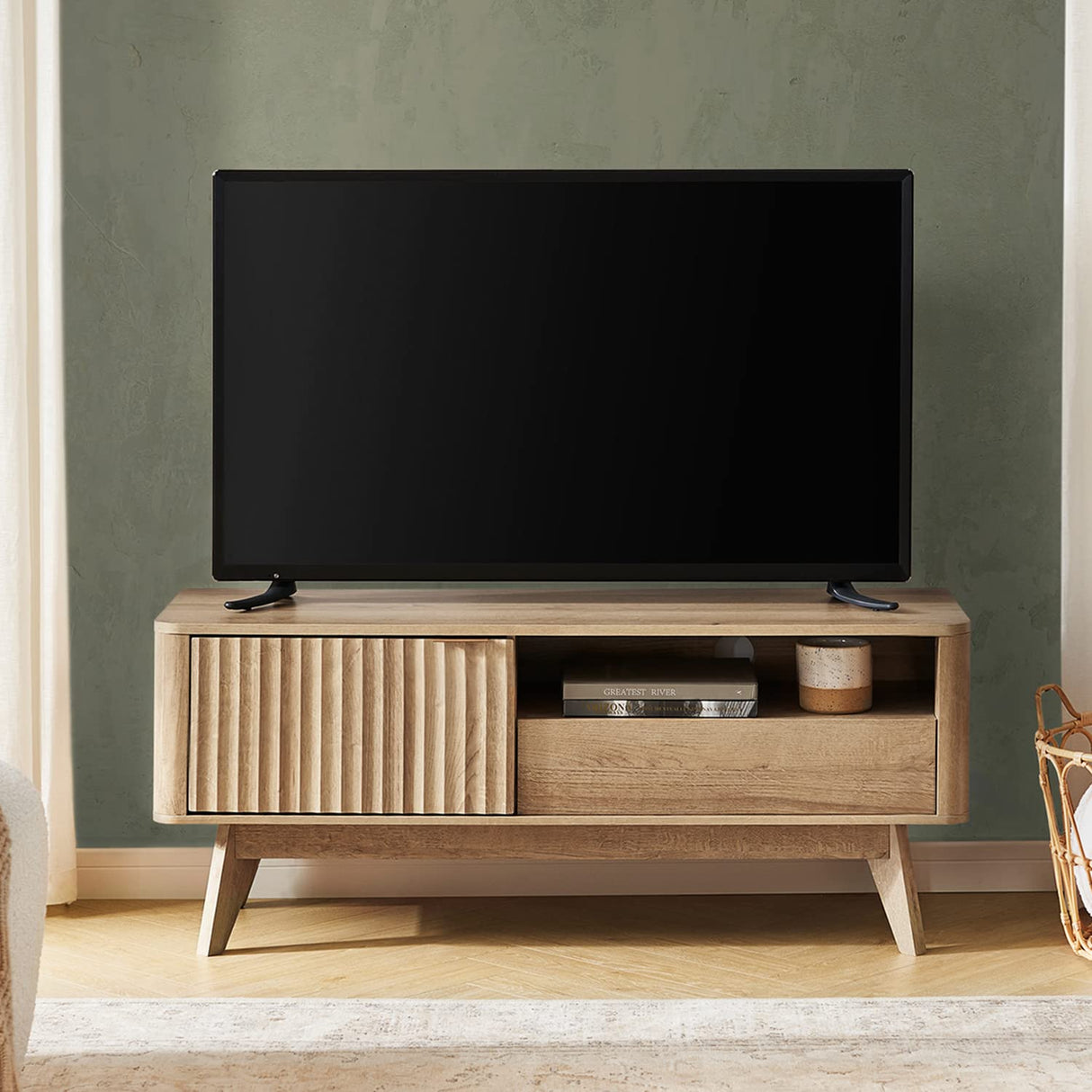 mopio Brooklyn Mid-Century Modern TV Stand, for TVs up to 50” Waveform Panel, Sleek Curved Profile with Adjustable Shelf and Sturdy Box Frame Leg (Golden Oak, 47") mopio