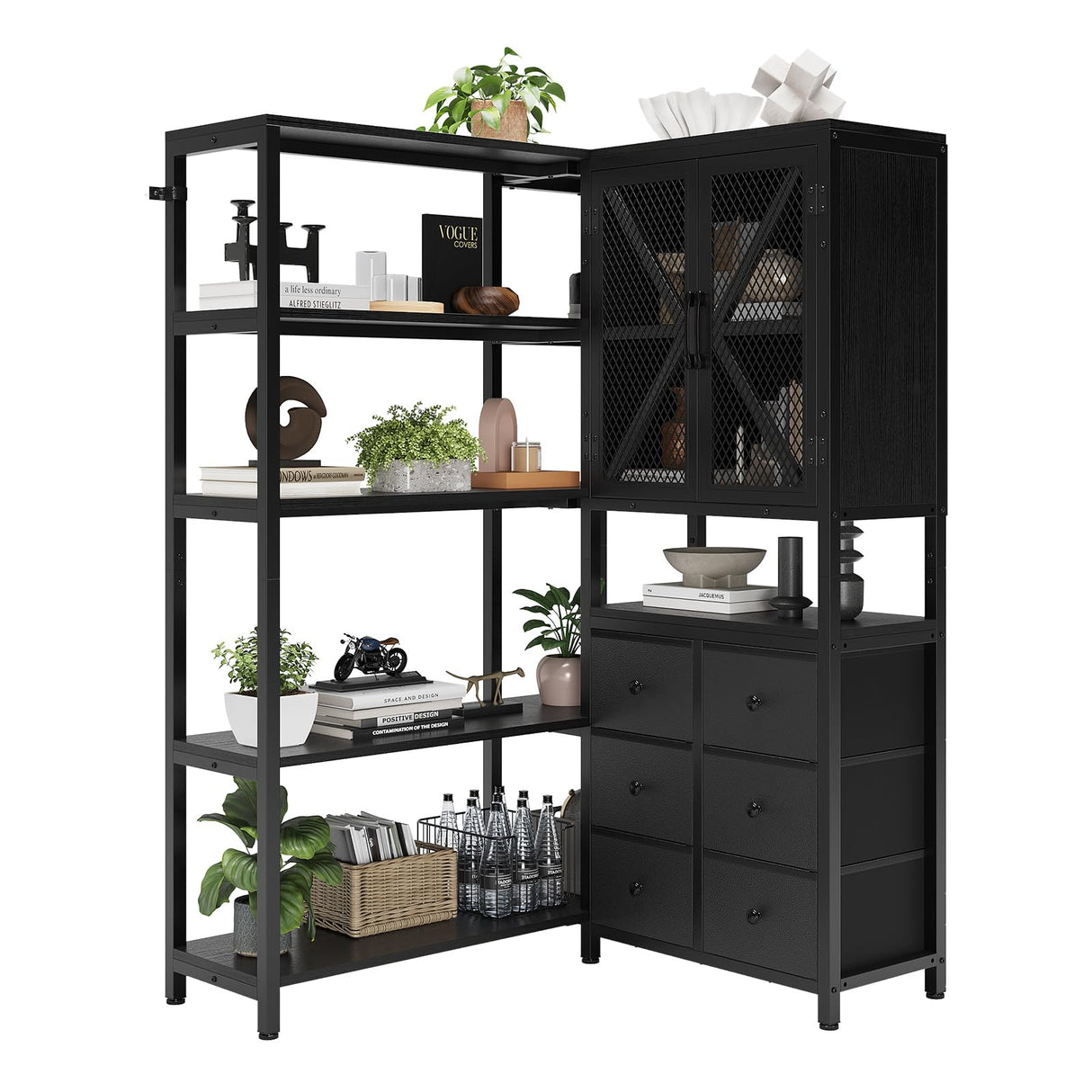 HAUOMS Corner Bookshelf, 5 Tier Industrial Convertible Bookshelf with 6 Fabric Drawers, Corner Bookcase Large L Shaped Storage Display Shelf for Home Office, Living Room, Kitchen, Black HAUOMS