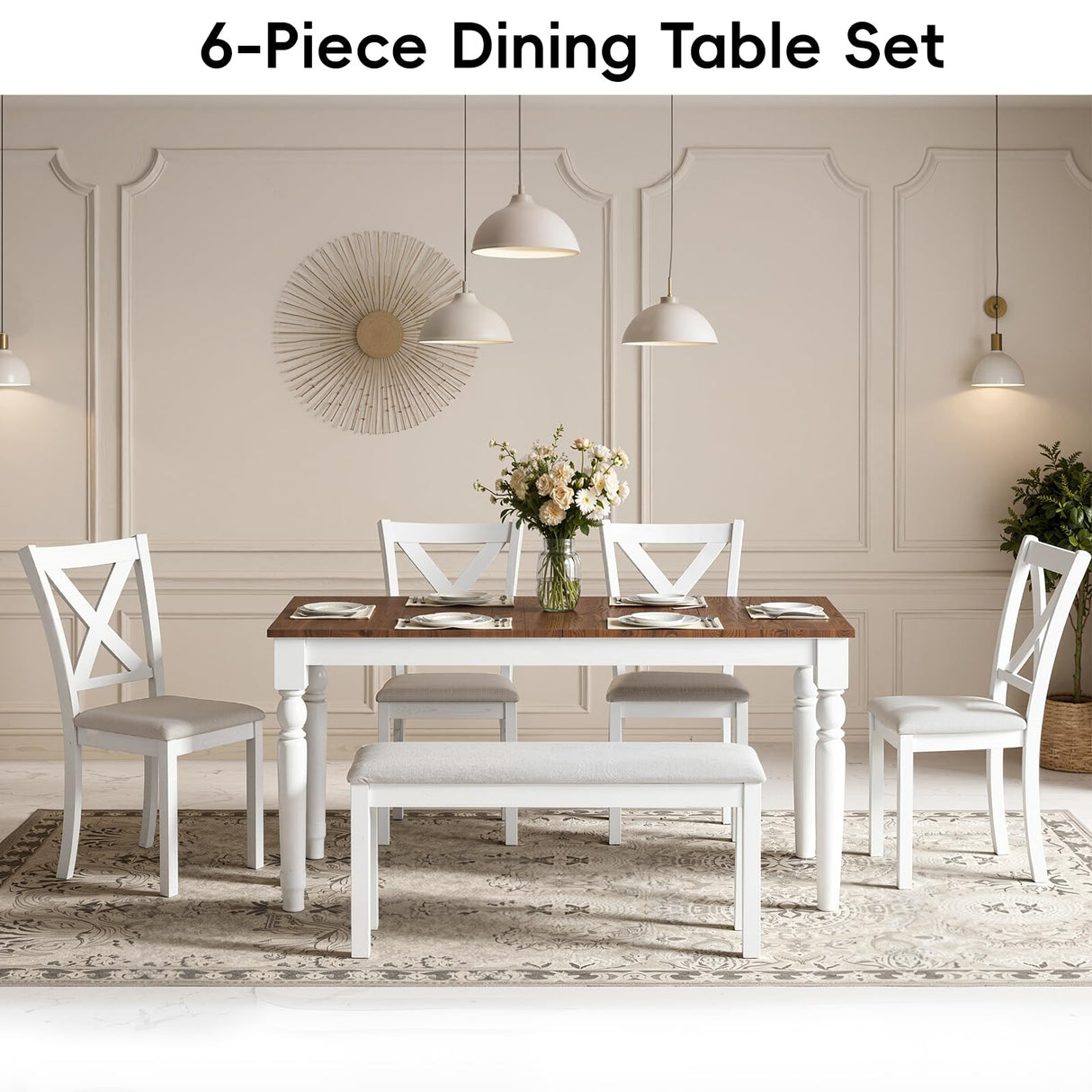 HOPETANA 6-Piece Dining Room Set - Rectangular Solid Elm Wood Table with Bench & Upholstered Chairs, White/Brown HOPETANA
