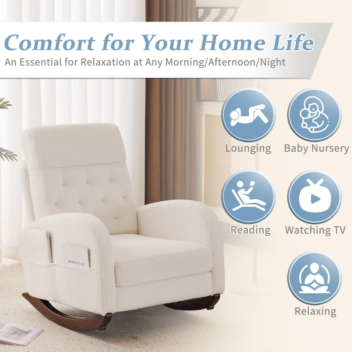 VINGLI Teddy Fleece Low Seat Rocking Chair,Boucle Upholstered Nursery Glider Chair with Side Pockets,Accent Arm Chair with High Backrest,Comfy Head Rest,Solid Wood,for Living Room, Bedroom,Beige VINGLI