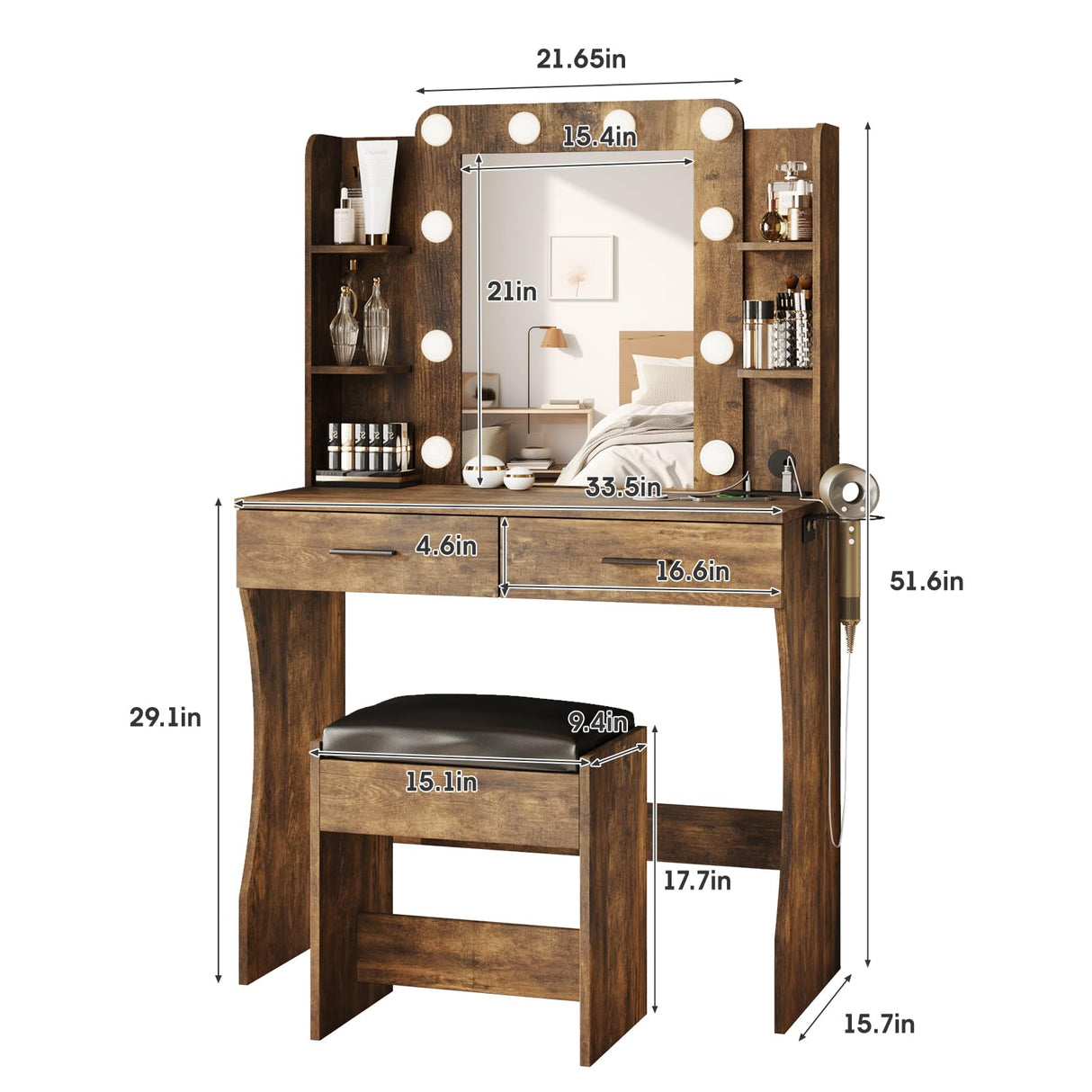 Maupvit Vanity Desk with Mirror and Lights,Makeup Vanity Table Set with Power Outlet,3 Lighting Modes & Adjustable Brightness Dressing Table with 2 Drawers for Bedroom Dressing Room,Rustic Brown Maupvit