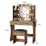 Maupvit Vanity Desk with Mirror and Lights,Makeup Vanity Table Set with Power Outlet,3 Lighting Modes & Adjustable Brightness Dressing Table with 2 Drawers for Bedroom Dressing Room,Rustic Brown Maupvit