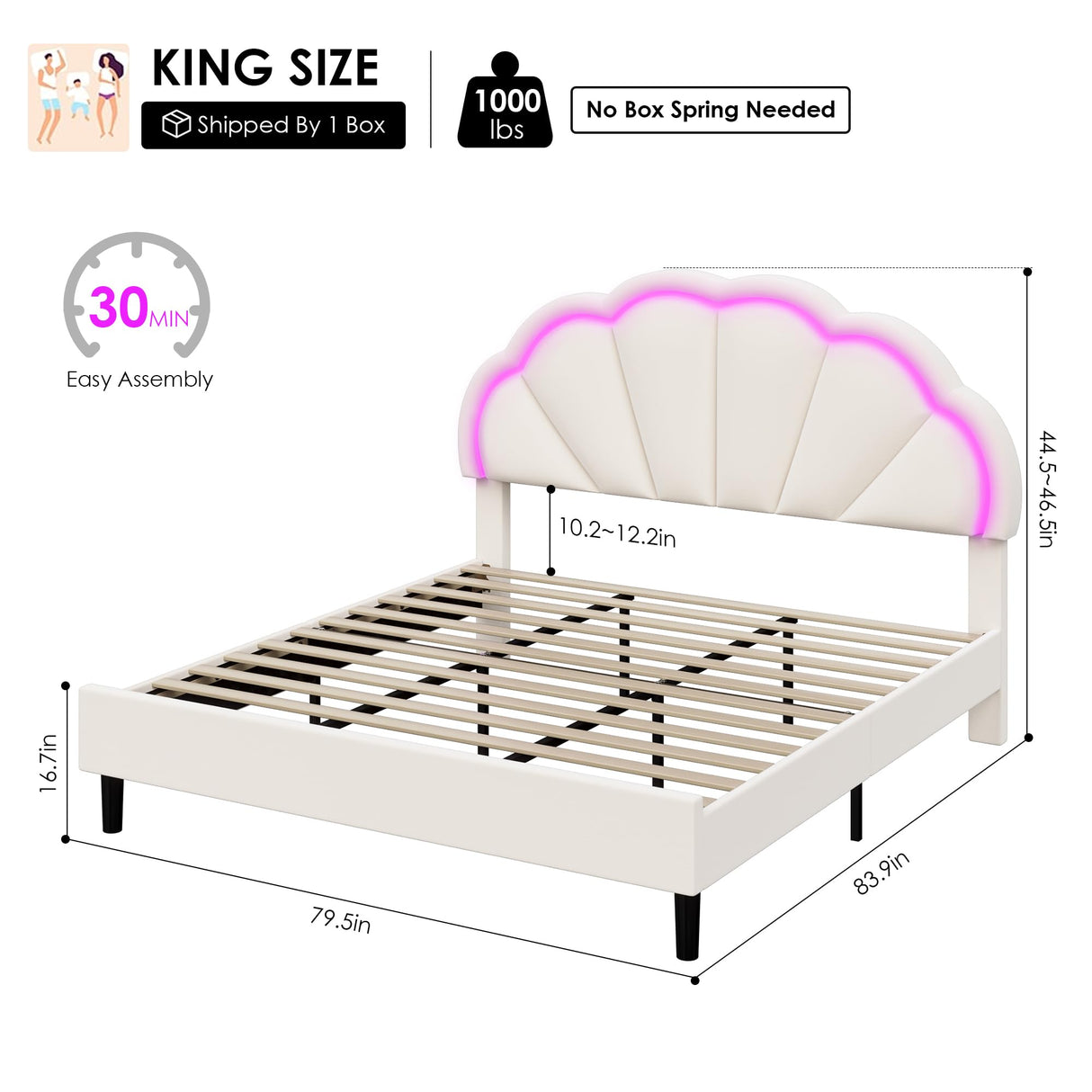 HIFIT King Size Upholstered LED Bed Frame with Adjustable Elegant Flowers Headboard in Beige HIFIT