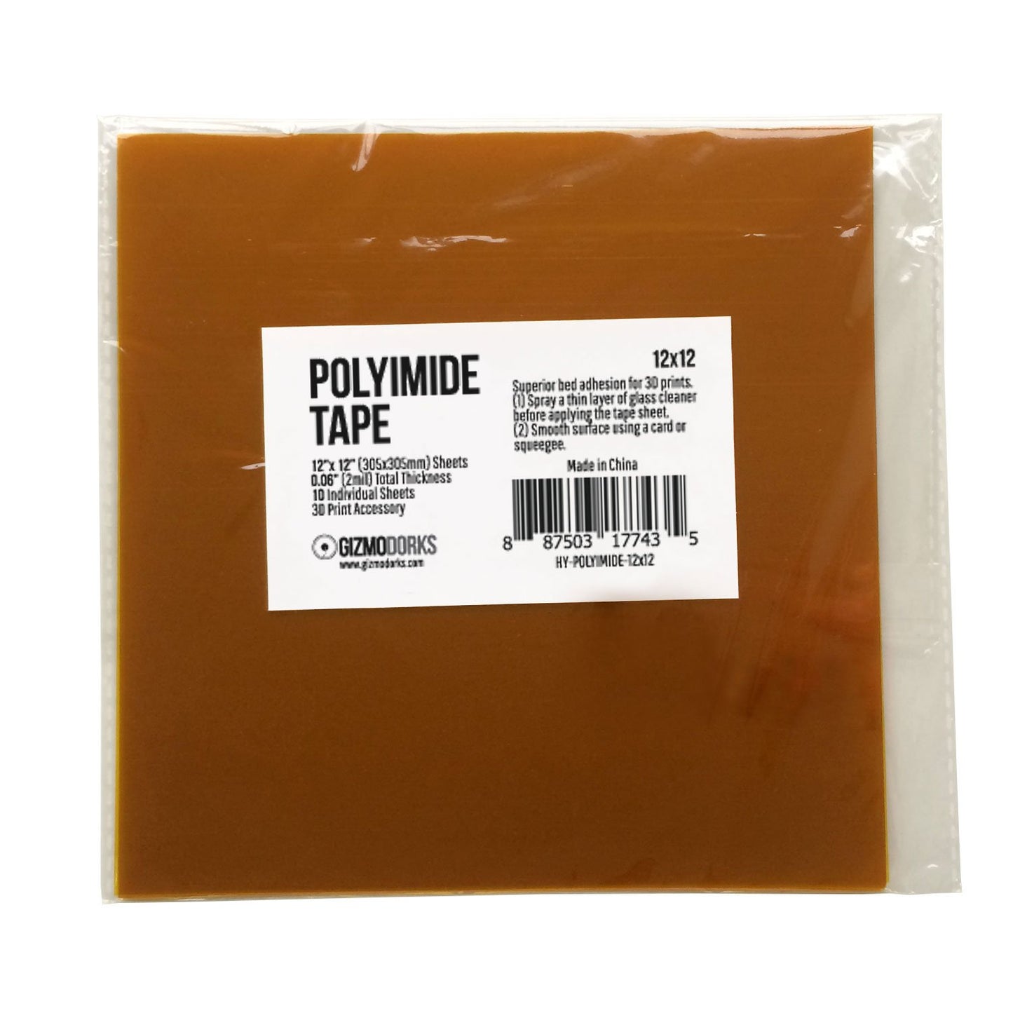 Gizmo Dorks Kapton Tape (Polyimide) for 3D Printers and Printing, 12 x 12 inches, 10 Sheets per Pack - WoodArtSupply