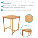 Sunnydaze 2-Person Solid Teak Wood Square Patio Bar Table - for Indoor or Outdoor Use - 31" Square x 43.5" H Sunnydaze