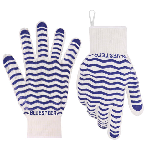 Oven Gloves, 932°F Heat Resistant Gloves, Oven Mitts with Fingers, Grill Gloves Heat Proof for Men Women, BBQ Gloves Silicone Grip, BLUESTEER Fireproof Gloves for Kitchen Cooking, Grilling, Baking BLUESTEER