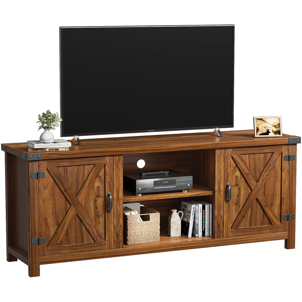 YESHOMY Modern Farmhouse TV Stand with Two Barn Doors and Storage Cabinets for Televisions up to 65+ Inch,Entertainment Center Console Table,Media Furniture for Living Room,58 Inch, Walnut,YH-TS103DWA YESHOMY