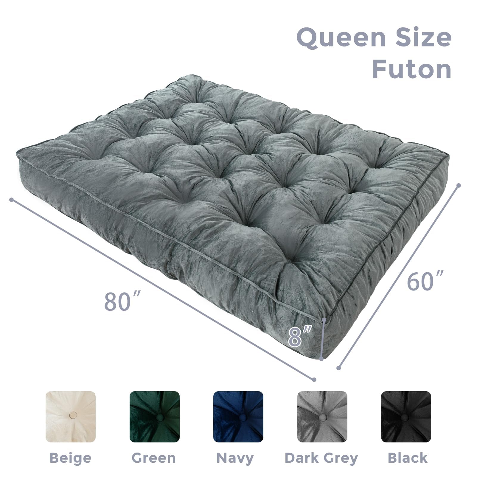 MAXYOYO 8" Futon Mattress Queen Size, Extra Thick Futons Sofa Couch Bed, Velvet Floor Mattress, Shredded Foam Filling (Frame Not Included),Dark Grey - WoodArtSupply