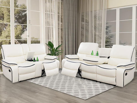 Caberryne Leather Recliner Sofa Set,Leather Living Room Furniture Set with Storage Console/Cup Holders,Reclining Sofa Set for House/Home Theater(Sofa&Loveseat 2 Pieces，White) Caberryne