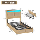 Maupvit Twin Size Boho Bed Frame with Rattan Hidden Storage Headboard, LED Light and 4 Drawers, Charging Station, Metal Platform Bed, No Box Spring Needed,Brown Maupvit