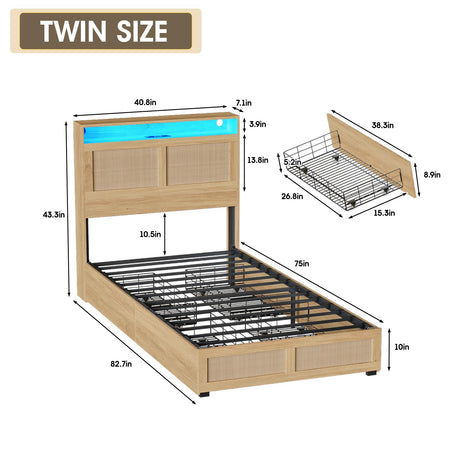 Maupvit Twin Size Boho Bed Frame with Rattan Hidden Storage Headboard, LED Light and 4 Drawers, Charging Station, Metal Platform Bed, No Box Spring Needed,Brown Maupvit