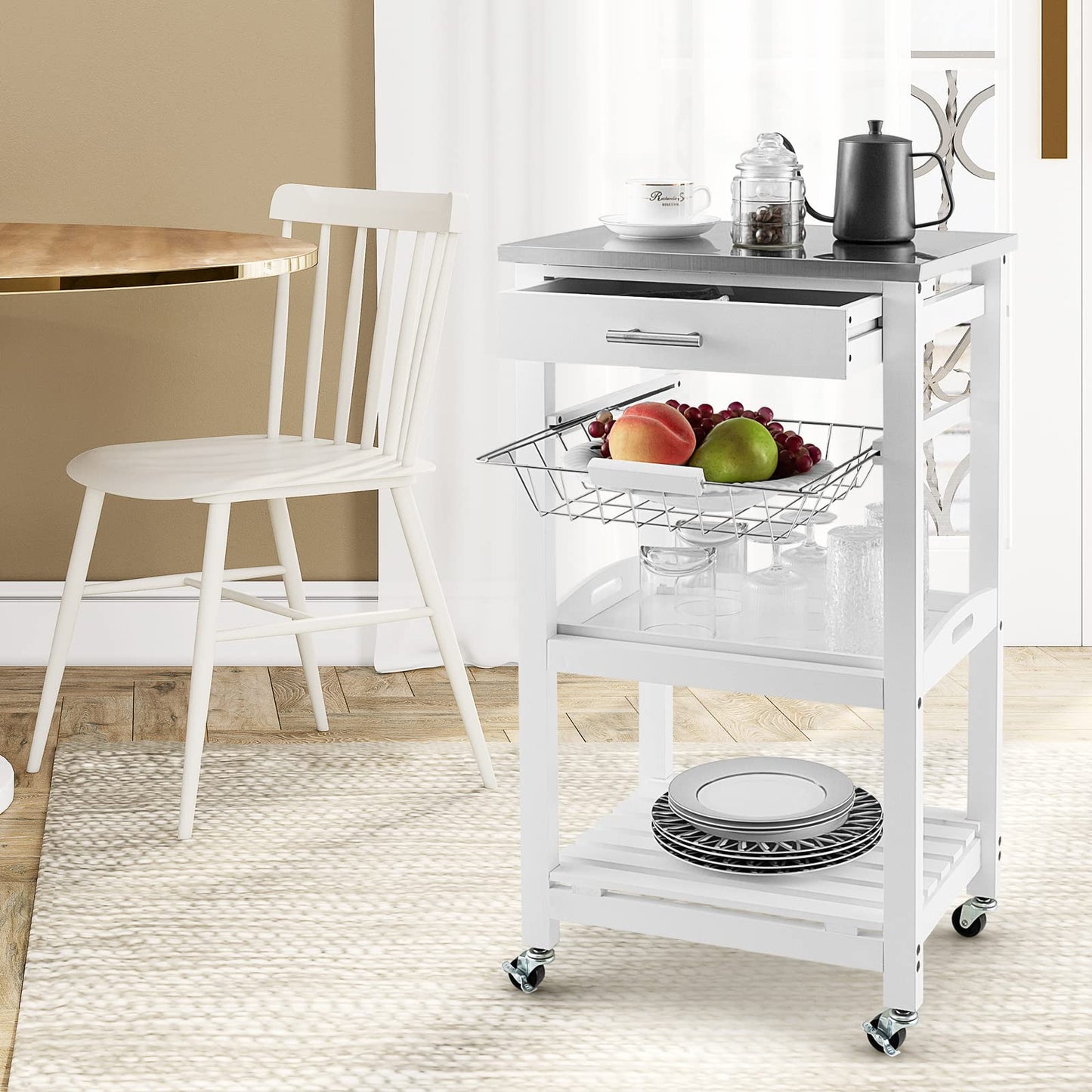 GOFLAME Kitchen Island Cart with Drawer, Rolling Kitchen Cart on Wheels with Stainless Steel Countertop, Metal Basket, Serving Tray, Lockable Casters, Utility Trolley Cart for Dining Room, White