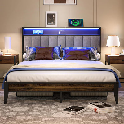 FSJianYi Queen Metal Bed Frame with Charging Station, LED Lights Headboard, Strong Metal Slats Support No Box Spring Needed Noise Free (Queen (U.S. Standard))