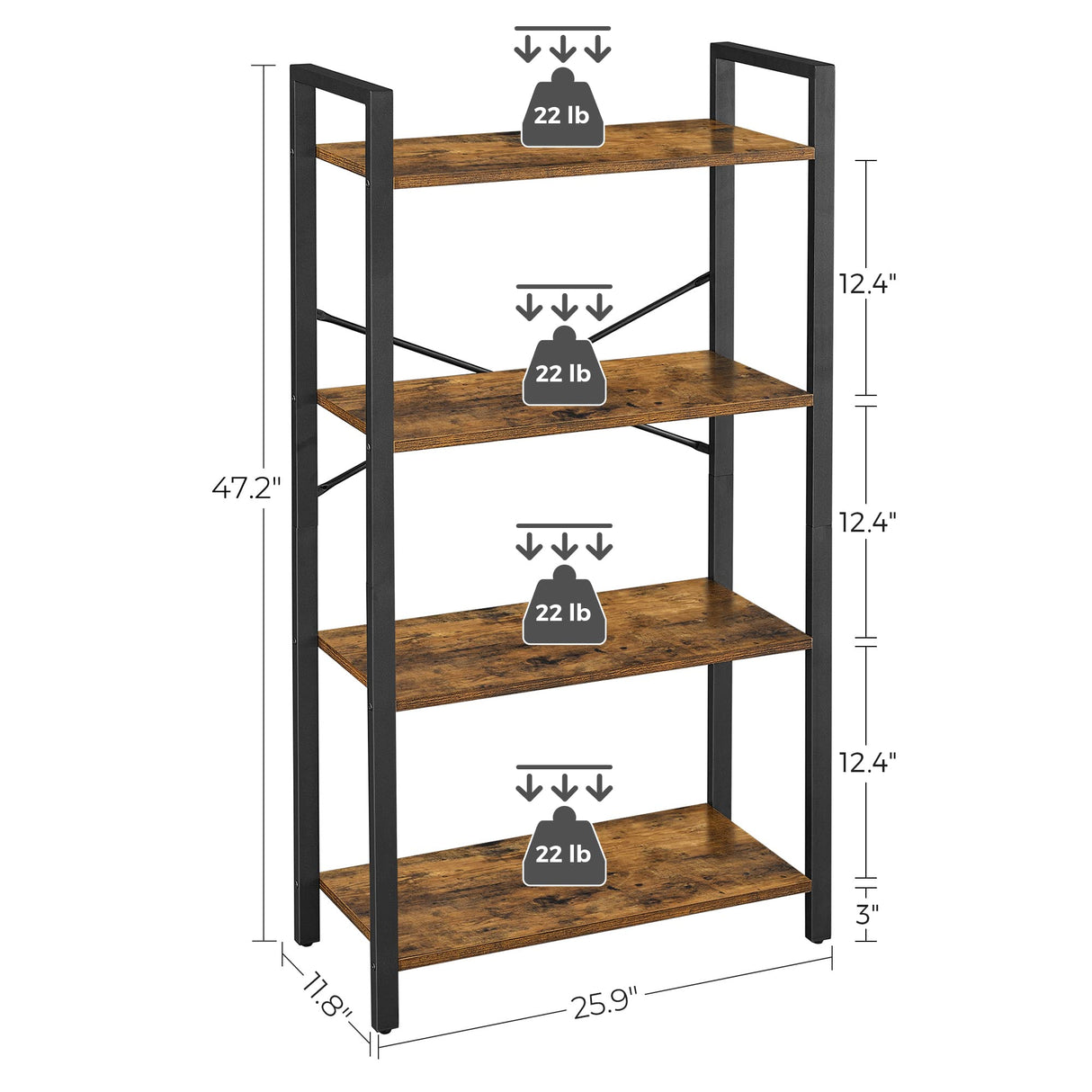VASAGLE 4-Tier Rustic Brown & Black Bookshelf for Home & Office Storage VASAGLE