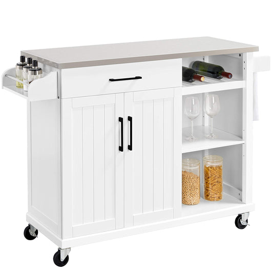 Yaheetech Kitchen Island Cart with Stainless Steel Top, Rolling Storage Cabinet on Wheels with Drawer & Wine Rack & Spice Rack, Sideboard Buffet with Towel Bar, White