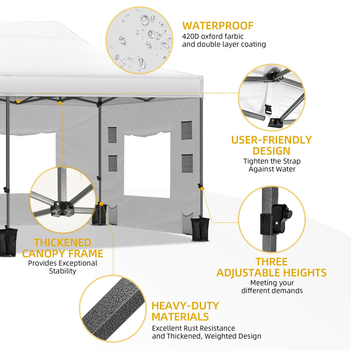 DWVO 10x20 Pop Up Heavy Duty Canopy Tent with 6 sidewalls, Roller Bag, 4 Ropes & 12 Stakes, 4 DIY Banners & 6 Sandbags for Patio, Party, Exhibition, Commerce (White) DWVO