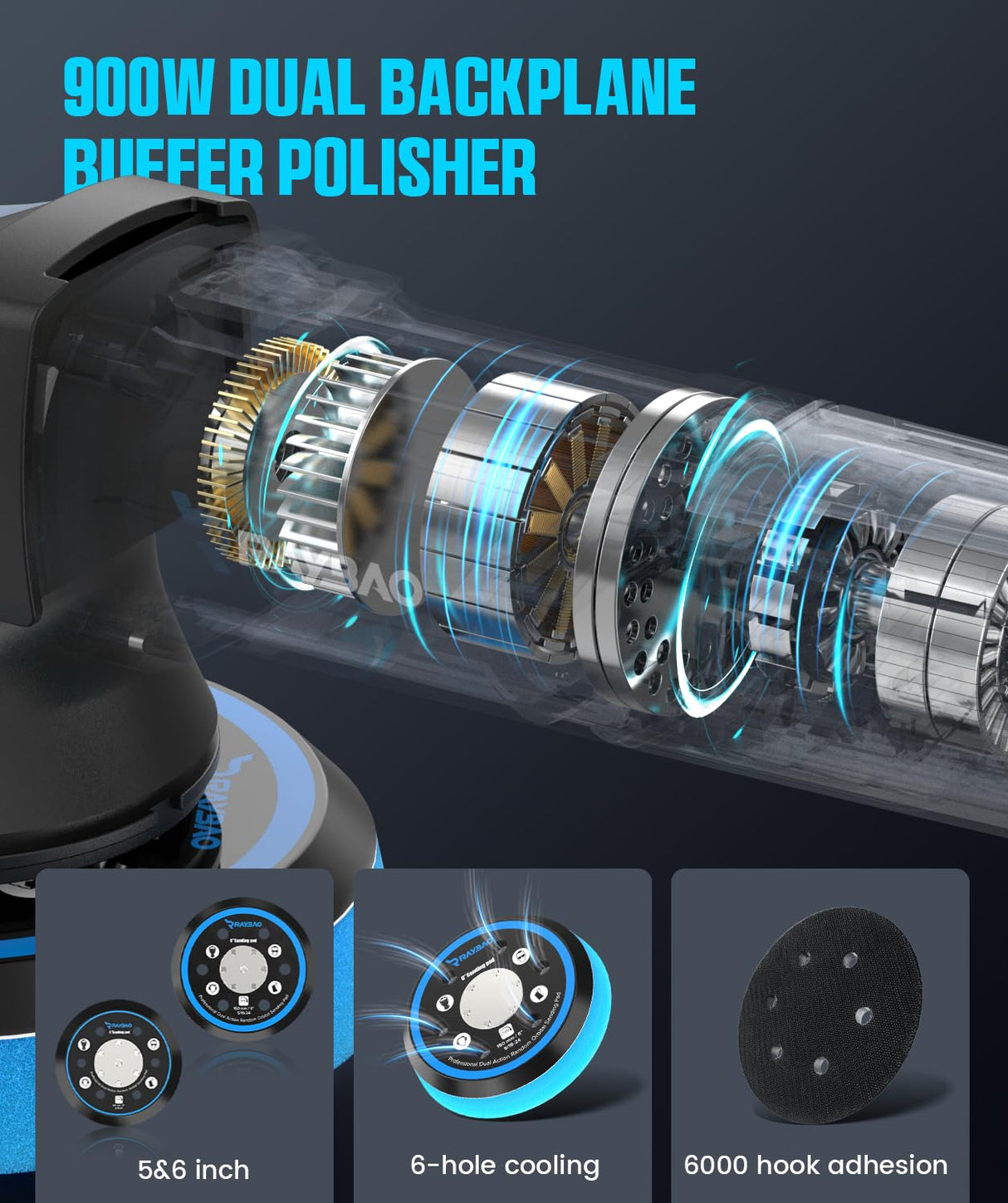 Car Buffer Polisher,900W 5& 6-inch Double Base Plate DA Buffer Polisher Kit with Random Orbital, 6 Variable Speed 2000-6400 RPM, Detachable Handle Buffer Polisher for Car Detailing/ Waxing/ Polishing RAYBAO