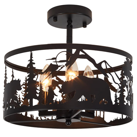Farmhouse Rustic Slanted Ceiling Light Fixture - 3-Light Round E12 Base Black Metal Fixture with Deer and Bear Design - Perfect for Kitchen, Bedroom, Hallway, and Rustic Style MLGB