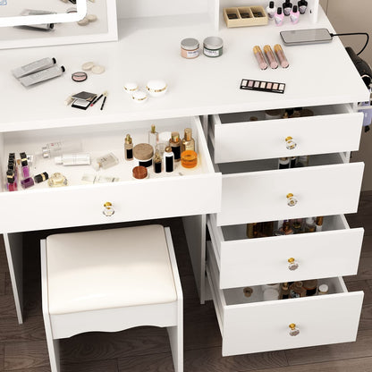 AIEGLE Large Vanity Desk Set with Sliding Lighted Mirror & Build-in Power Strip, 3 Colors LED Lighted Makeup Vanity Drawer Dressing Table with Hair Dryer Rack & Cushioned Stool, White - Power Strip