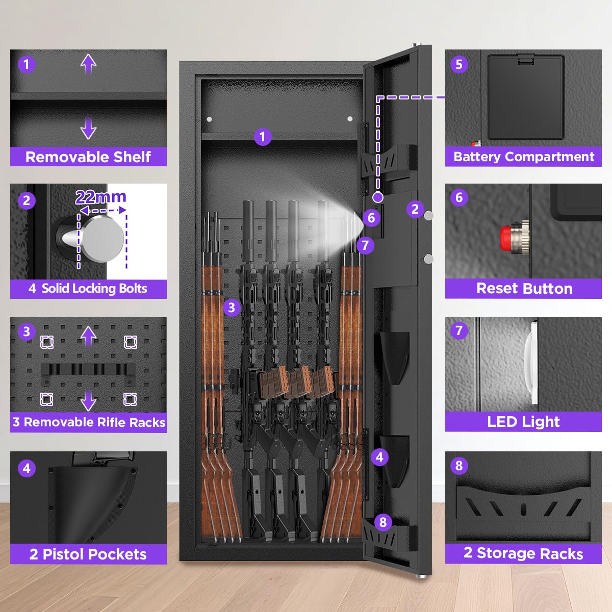 10-15-Gun Capacity Rifle Safe with Quick Access Digital Keypad - Anti-Theft & Anti-Pry Design Home Security Safe with Adjustable Pegboard Shelves for Pistols, Easy Assembly Rifle Cabinet MSYCOST