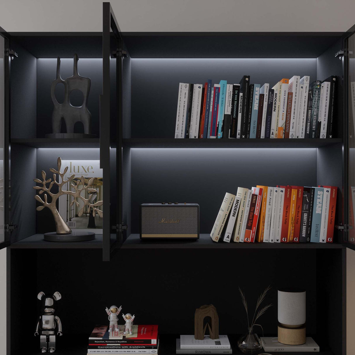 Jiaoun Display Cabinet with Glass Doors, LED Light and Storage Shelve, Curio Cabinets Modern Style Bookcase Trophy Case Display Cabinet for Collectibles - Black (47.2 "W x 16.5 "D x 78.7 "H) Jiaoun