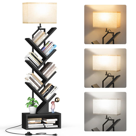 addlon 6-Tier Tree Bookshelf with LED Light, Metal & Wood Adjustable Bookcase with 3 Color Temperatures and Cabinet for Book Storage,Small Book Shelf for Kids Rooms&Home Office&Living Room-Black,800lm addlon