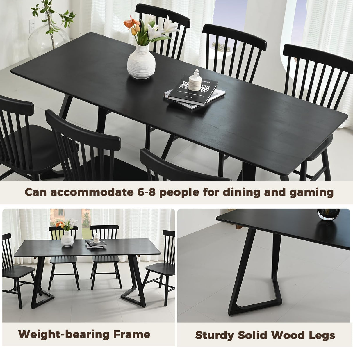 DELAVIN 70.8 Inch Large Solid Wood Dinner Table for 6-8 People, Modern Oak Kitchen Table with Natural Wood Grain, Luxury Rectangular Dining Table for Family, Office, Party, Easy Assembly, Black DELAVIN