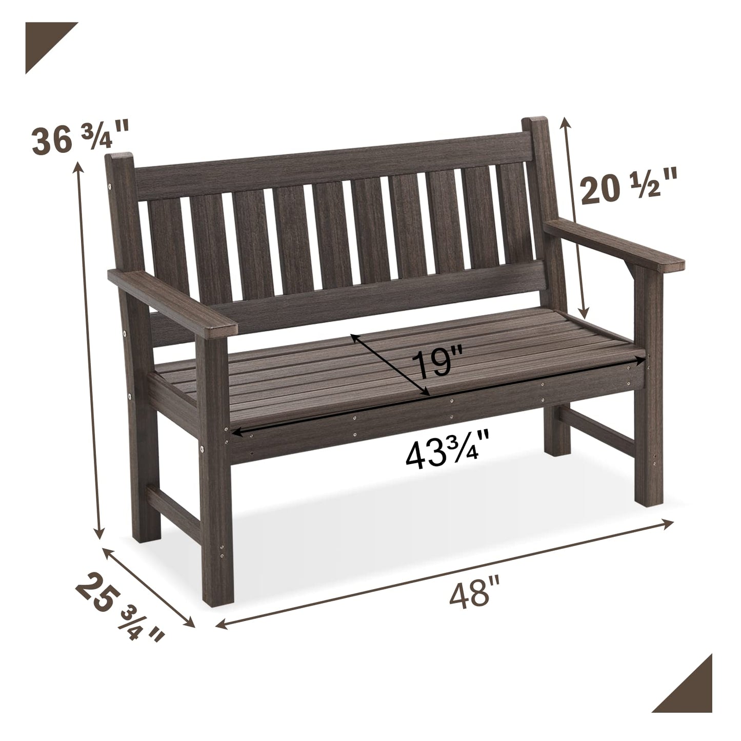 ACUEL Outdoor Bench, 2-Person Garden Bench, Poly Lumber Patio Bench for Outdoors, Porch, and Park (Dark Brown)