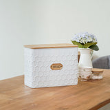 NIKKY HOME Extra Large Space Saving Farmhouse White Bread Box With Bamboo Lid - Holds 2 Loaves - Vertical Breadbox Bread Storage Bin Holder for Kitchen Countertop, Honeycomb Embossed Pattern NIKKY HOME